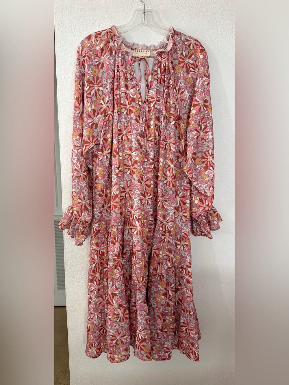 Red Floral Midi Dress with V-Neck and Balloon Sleeves